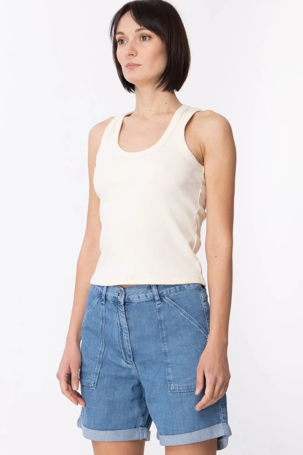 Patrizia Pepe Top a Costine con Scollatura Sul RetroLINEN WHITE