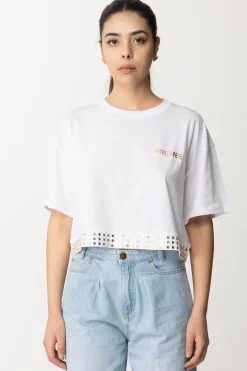 Patrizia Pepe T-shirt Cropped con Borchiette e LogoBIANCO OTTICO