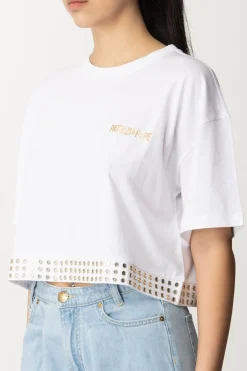 Patrizia Pepe T-shirt Cropped con Borchiette e LogoBIANCO OTTICO