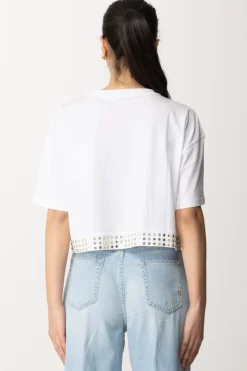 Patrizia Pepe T-shirt Cropped con Borchiette e LogoBIANCO OTTICO