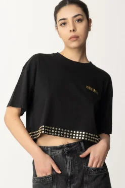Patrizia Pepe T-shirt Cropped con Borchiette e LogoNERO