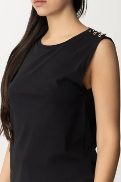 Patrizia Pepe T-shirt Smanicata con Dettaglio PiercingsNERO