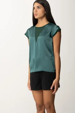 Pinko Blusa In Satin con Inserto In GeorgetteVERDE BOTTIGLIA SCURO