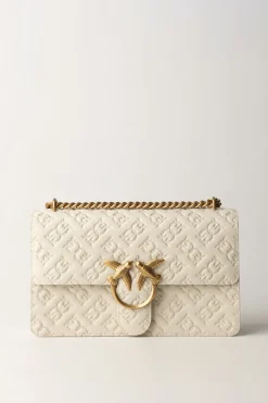 Pinko Borsa a Tracolla Love Bag con Pattern LogoBIANCO SETA-ANTIQUE GOLD