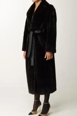 Pinko Cappotto In Pelliccia con Cintura In EcopelleMARRONE