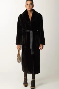 Pinko Cappotto In Pelliccia con Cintura In EcopelleMARRONE