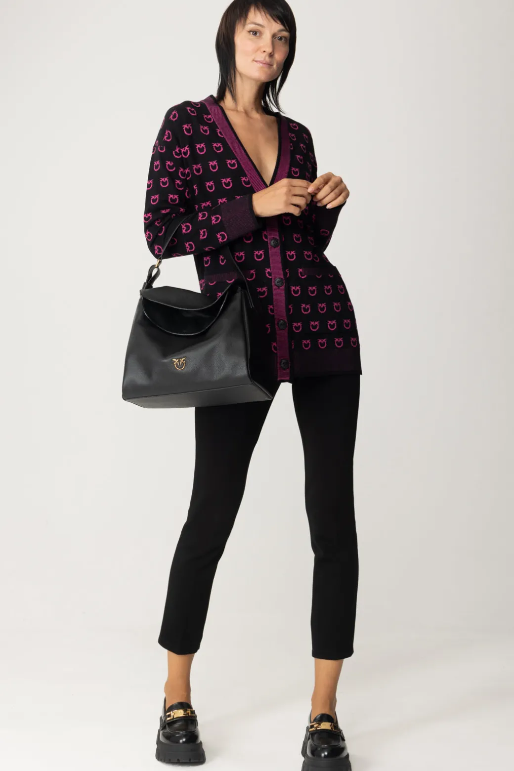 Pinko Cardigan con Loghi e Dettagli a ContrastoNERO/FUXIA