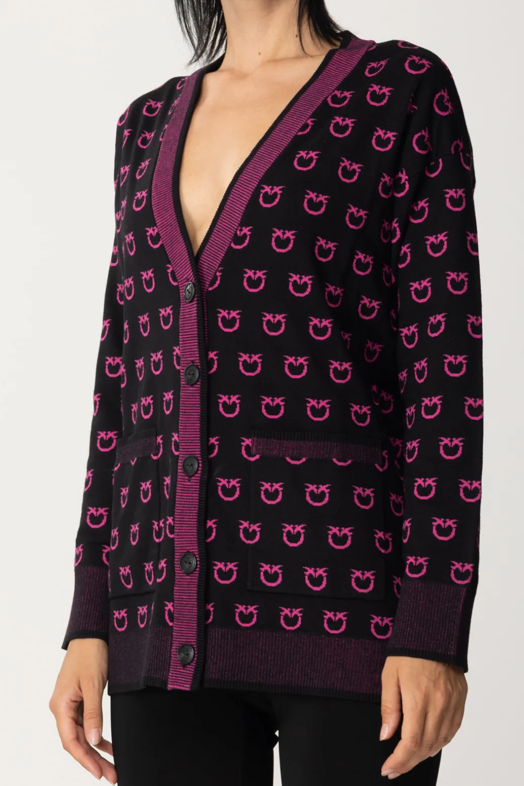 Pinko Cardigan con Loghi e Dettagli a ContrastoNERO/FUXIA