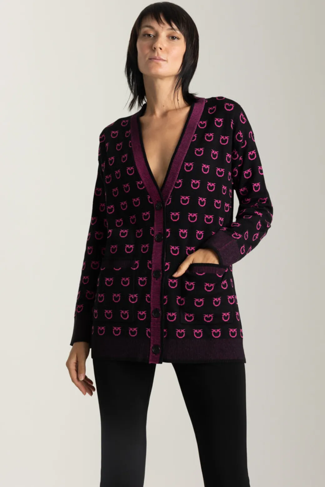 Pinko Cardigan con Loghi e Dettagli a ContrastoNERO/FUXIA