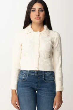 Pinko Cardigan Corto con Perline Al CollettoBIANCO MERINGA