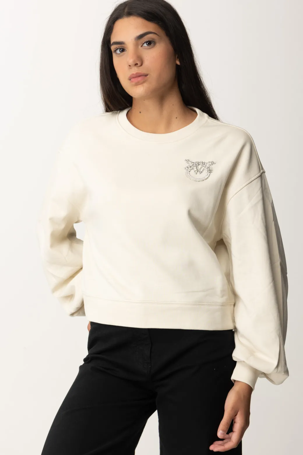 Pinko Felpa Boxy con Ricamo Love BirdsBIANCO LATTE