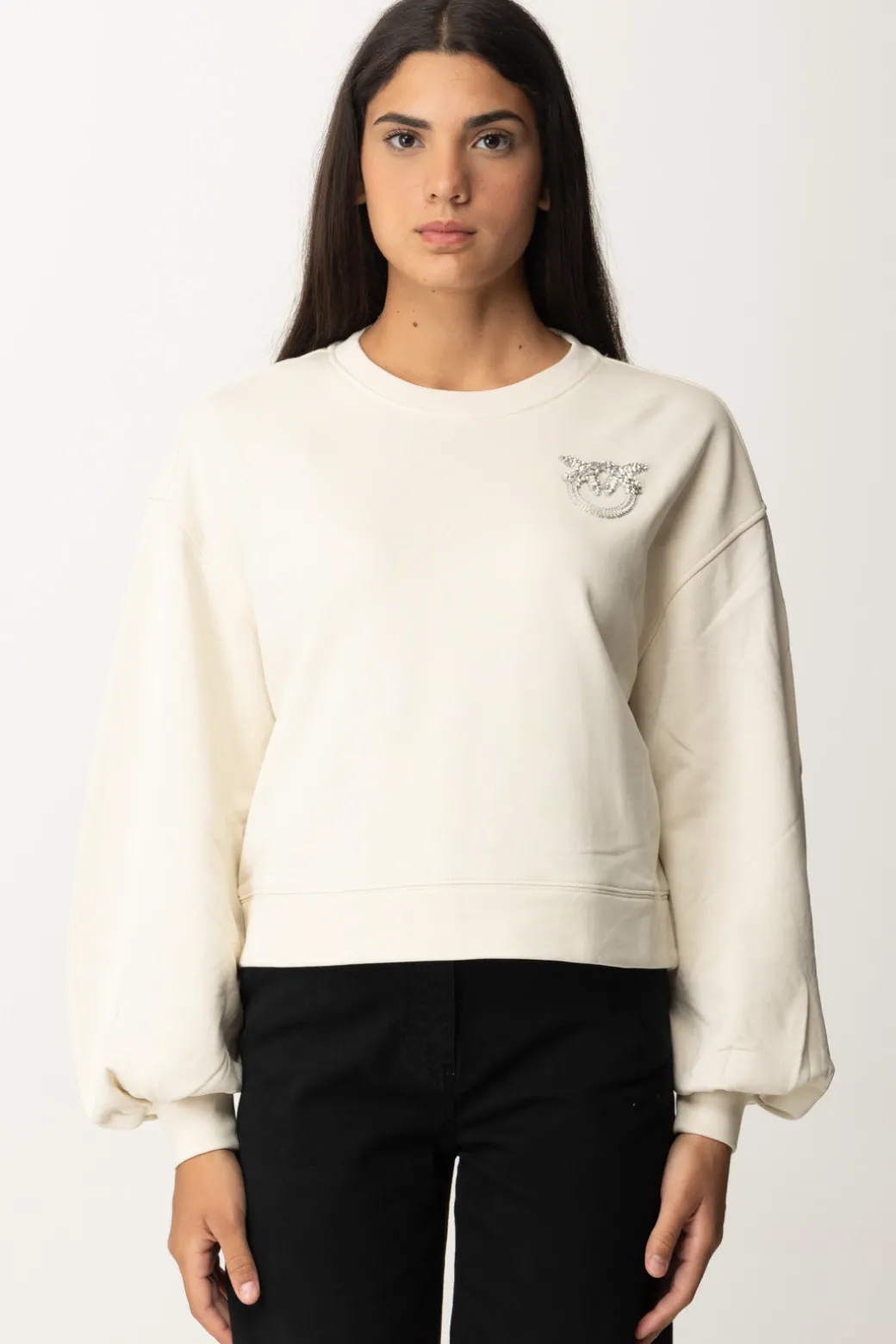 Pinko Felpa Boxy con Ricamo Love BirdsBIANCO LATTE