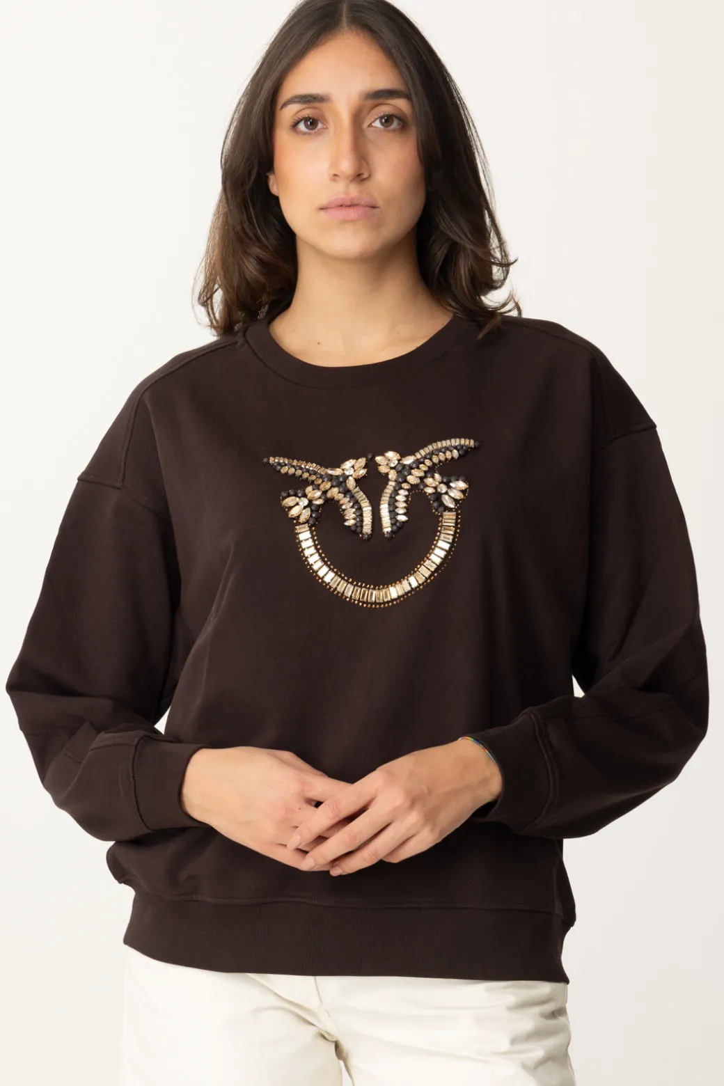 Pinko Felpa Girocollo con Ricamo Gioiello Love BirdsTESTA MORO