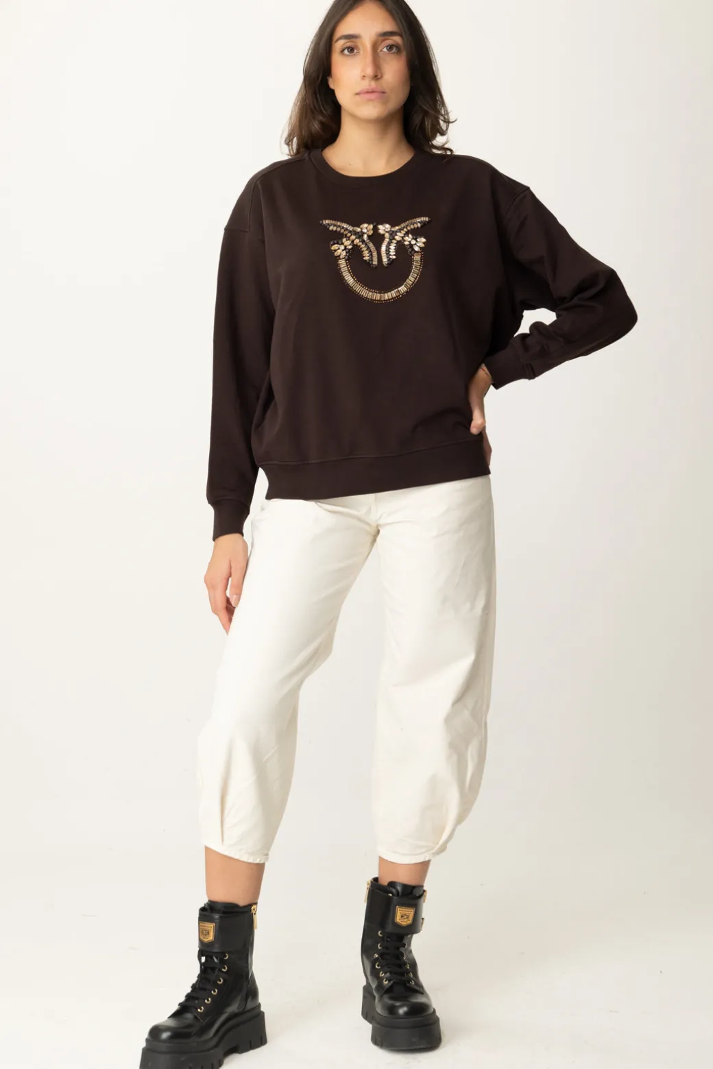 Pinko Felpa Girocollo con Ricamo Gioiello Love BirdsTESTA MORO