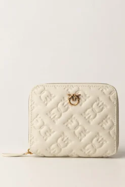Pinko Portafoglio Quadrato Zip-aroun con Pattern LogoBIANCO SETA-ANTIQUE GOLD