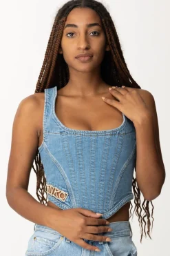 Pinko Top Bustier In Jeans con Logo StrassLAVAGGIO CHIARO VINTAGE