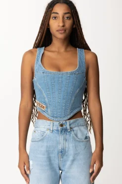 Pinko Top Bustier In Jeans con Logo StrassLAVAGGIO CHIARO VINTAGE