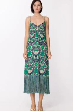 Simona Corsellini Abito Lungo con Stampa Floreale e FrangeBRIGHT GREEN