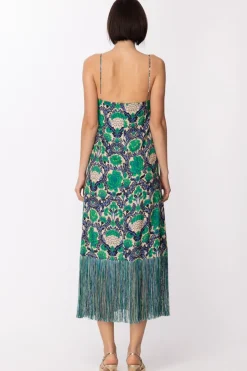 Simona Corsellini Abito Lungo con Stampa Floreale e FrangeBRIGHT GREEN