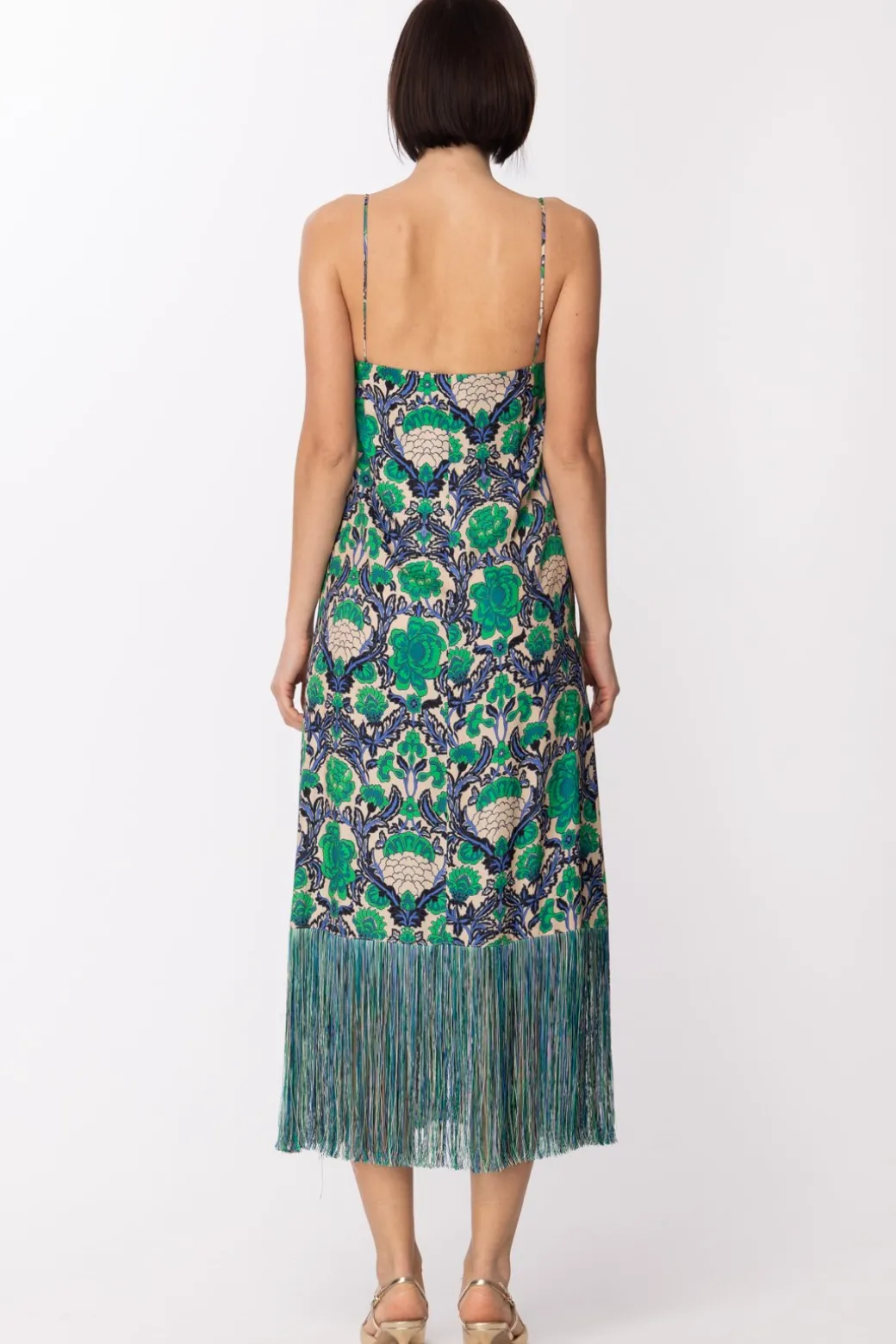 Simona Corsellini Abito Lungo con Stampa Floreale e FrangeBRIGHT GREEN