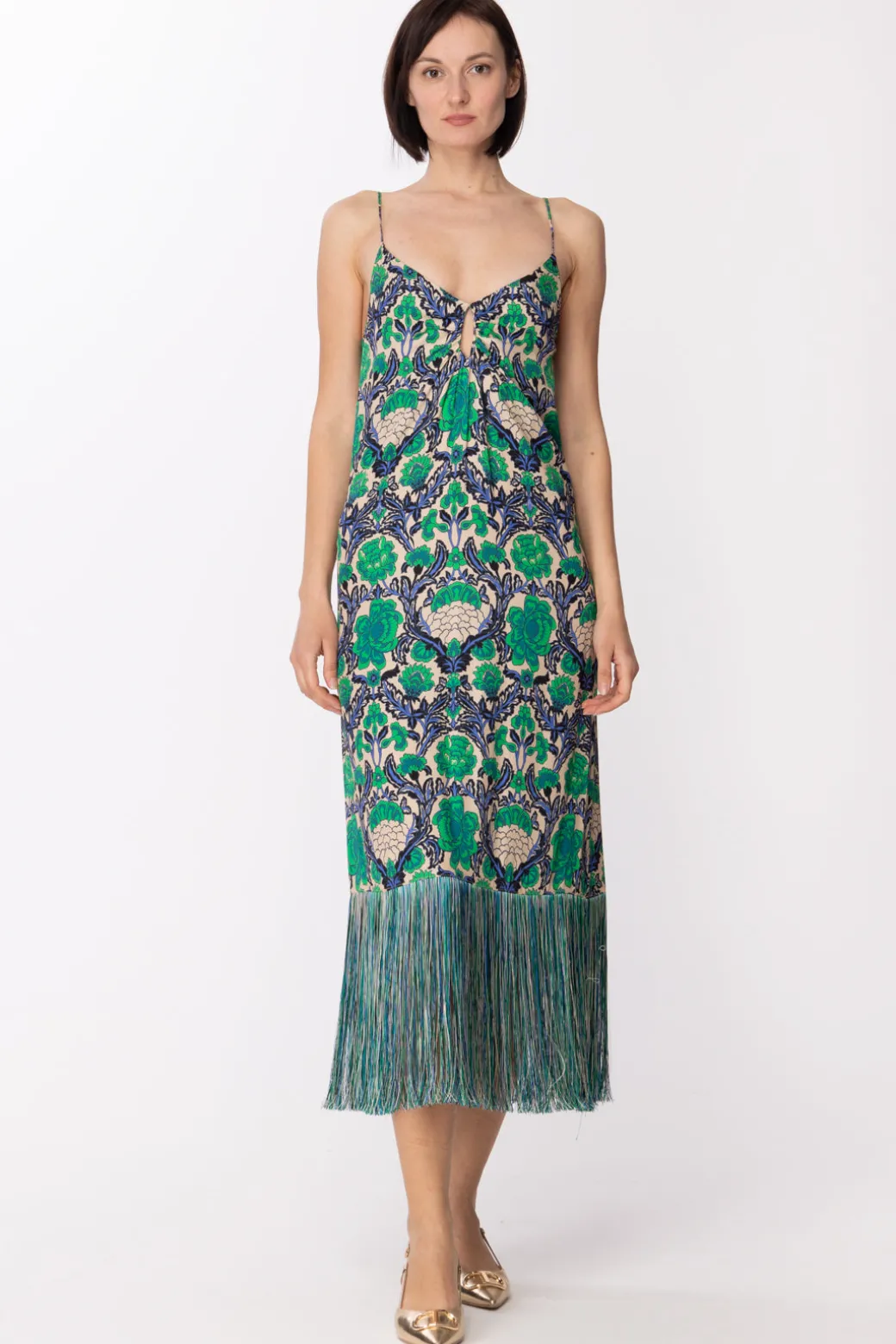Simona Corsellini Abito Lungo con Stampa Floreale e FrangeBRIGHT GREEN