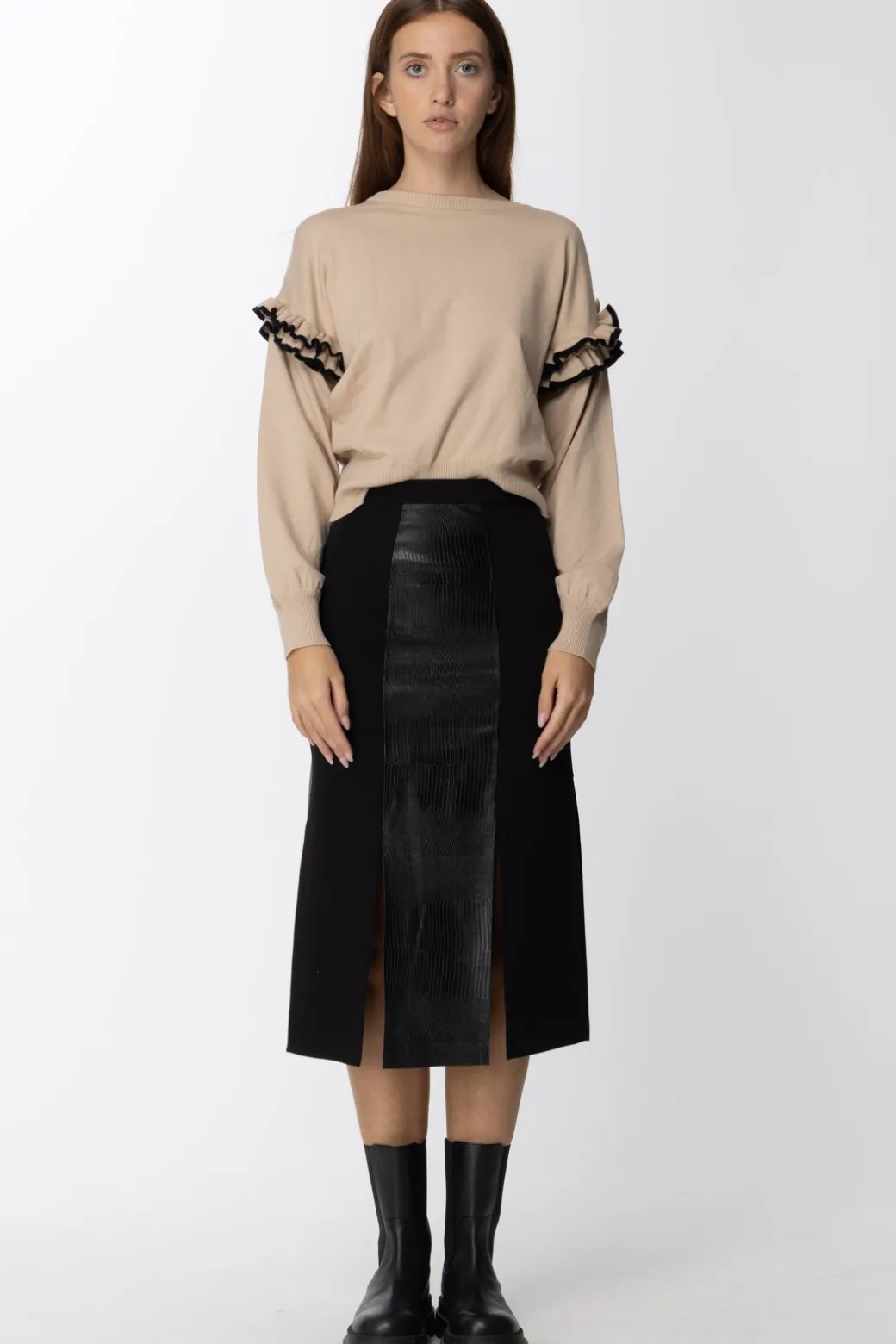 Simona Corsellini Gonna Midi con Inserto In PelleNERO