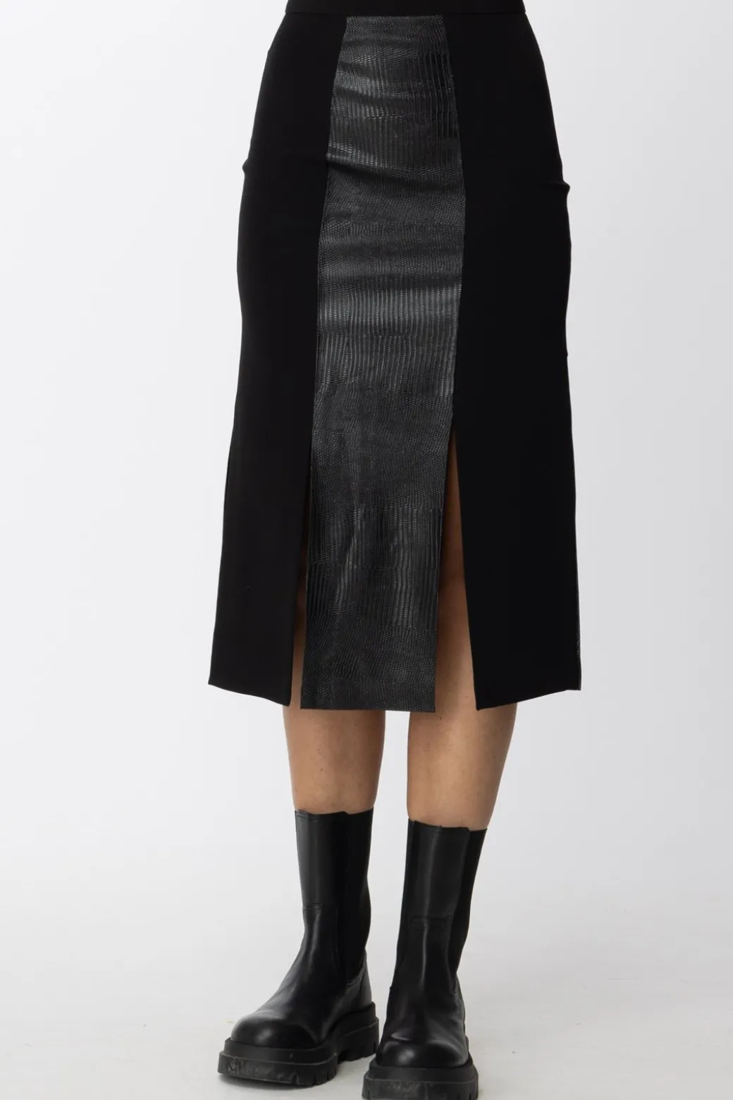 Simona Corsellini Gonna Midi con Inserto In PelleNERO