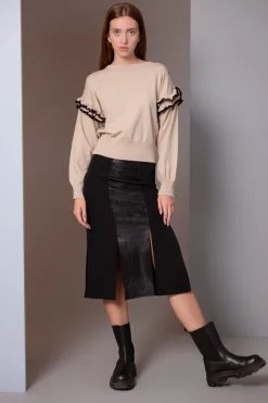 Simona Corsellini Gonna Midi con Inserto In PelleNERO