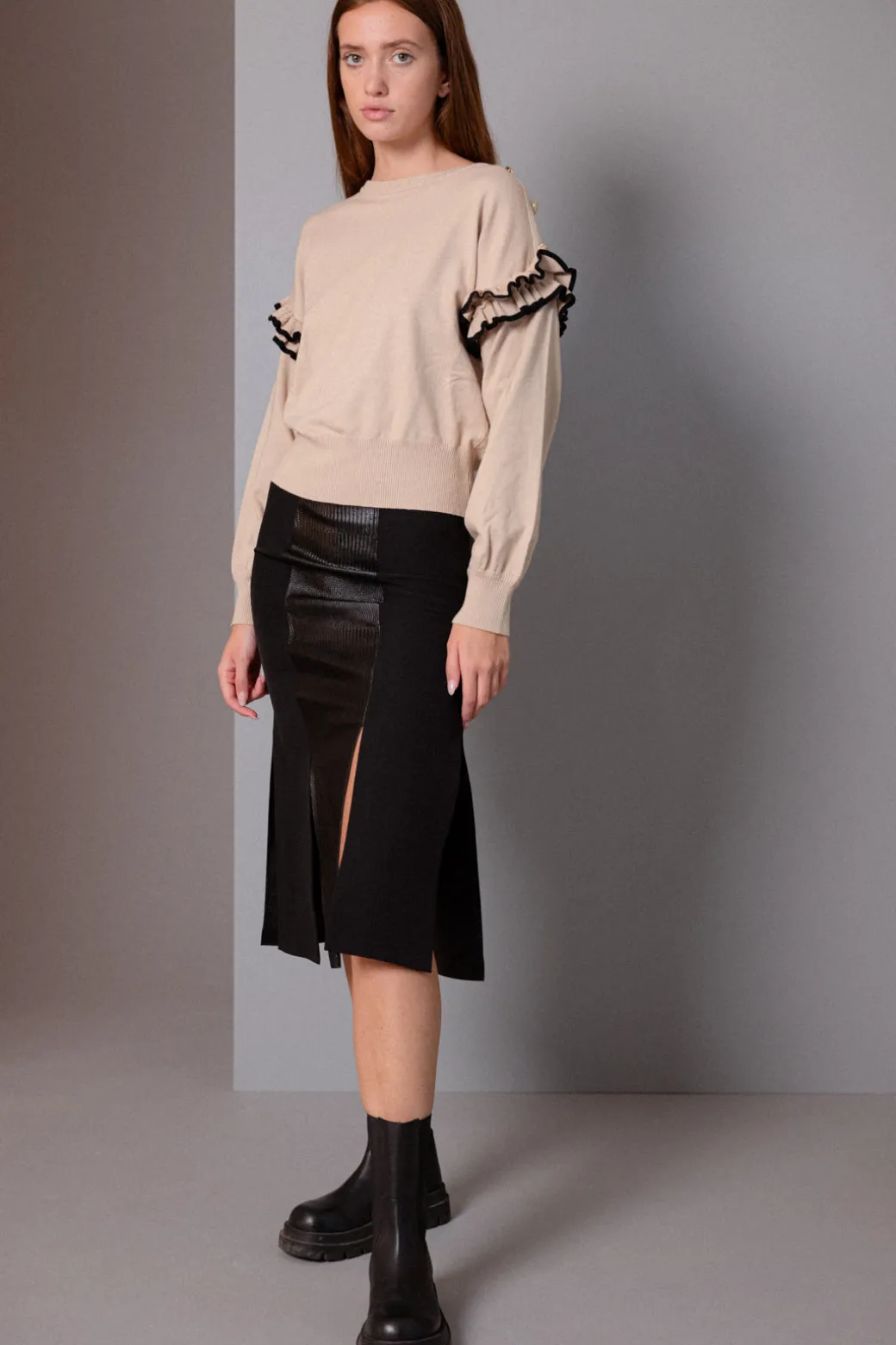 Simona Corsellini Gonna Midi con Inserto In PelleNERO