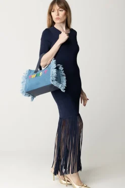 Twin-set Abito In Maglia con Frange e Scollo Sul RetroMID BLU