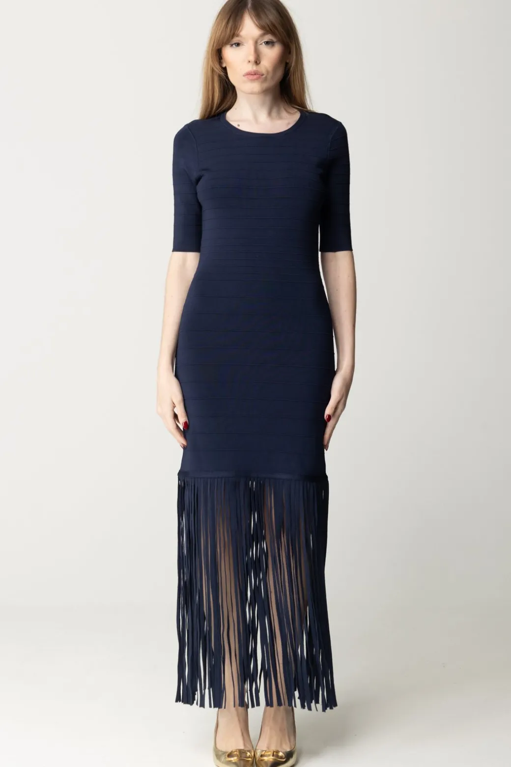 Twin-set Abito In Maglia con Frange e Scollo Sul RetroMID BLU