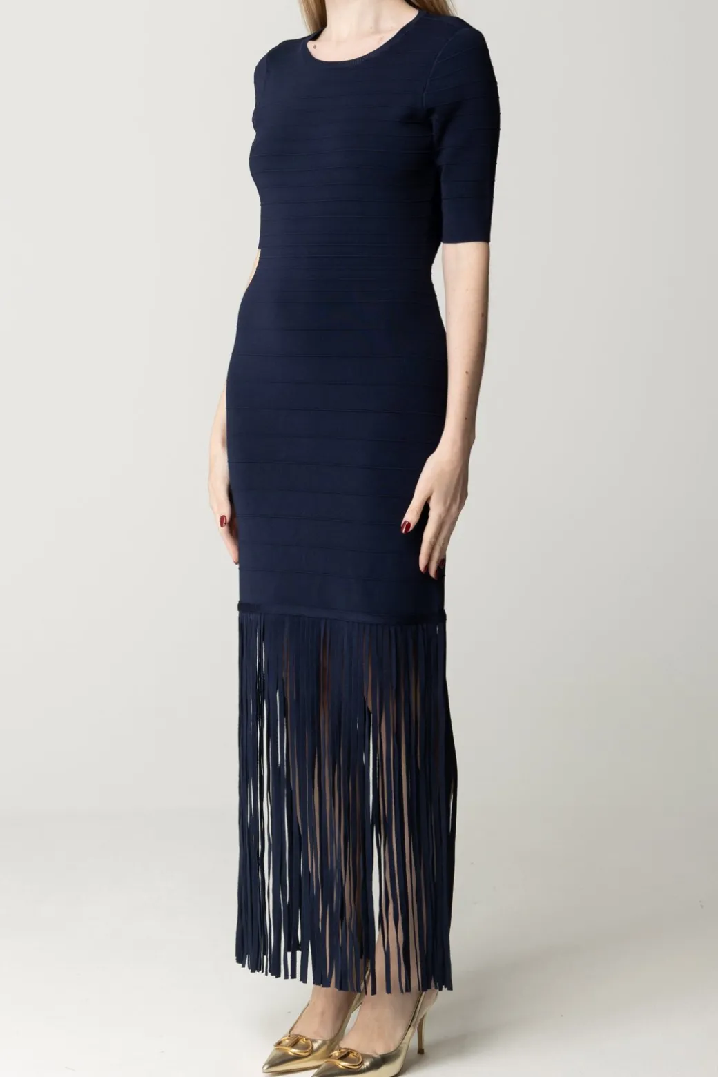 Twin-set Abito In Maglia con Frange e Scollo Sul RetroMID BLU