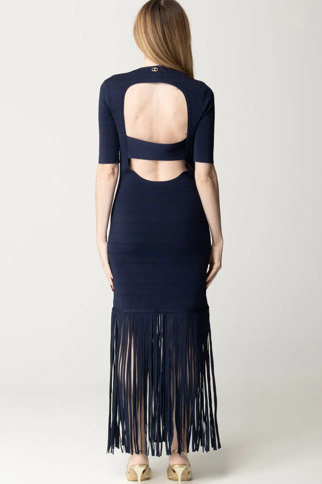 Twin-set Abito In Maglia con Frange e Scollo Sul RetroMID BLU