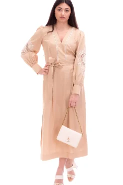 Twin-set Abito Lungo In Mussola con Ricami e CinturaCUBAN SAND