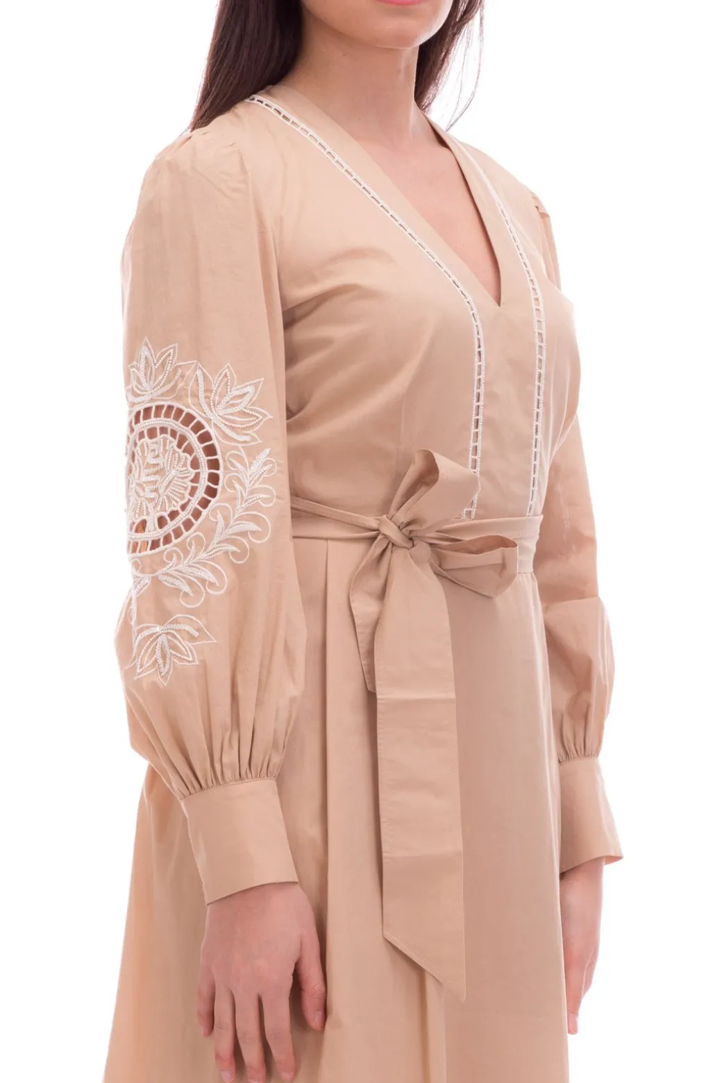 Twin-set Abito Lungo In Mussola con Ricami e CinturaCUBAN SAND