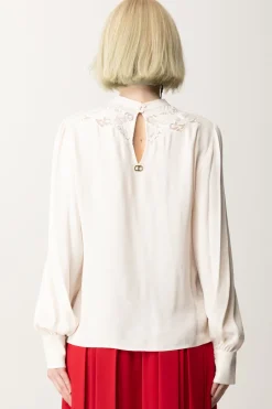 Twin-set Blusa In Crêpe con Ricamo FlorealeWHITE CREAM