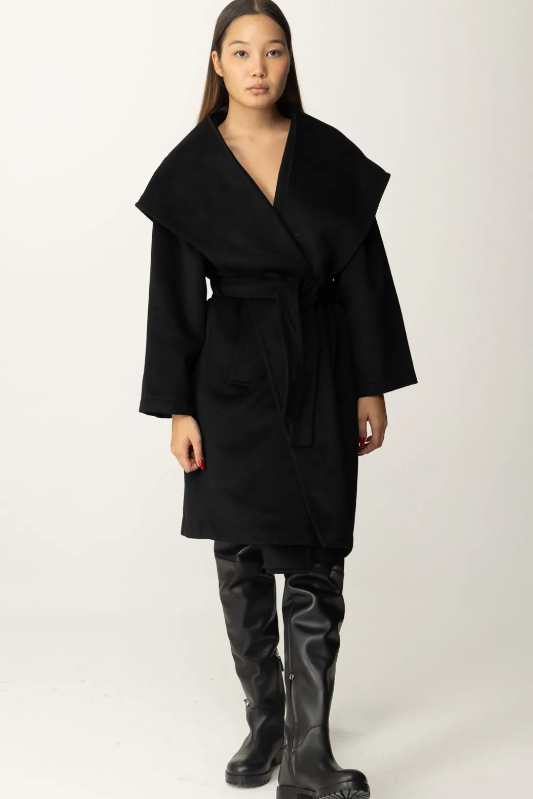 Twin-set Cappotto con Cintura e CappuccioNERO