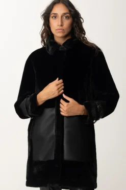 Twin-set Cappotto Eco Pelliccia e Inserti In PelleNERO