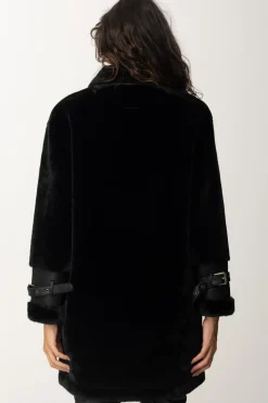 Twin-set Cappotto Eco Pelliccia e Inserti In PelleNERO
