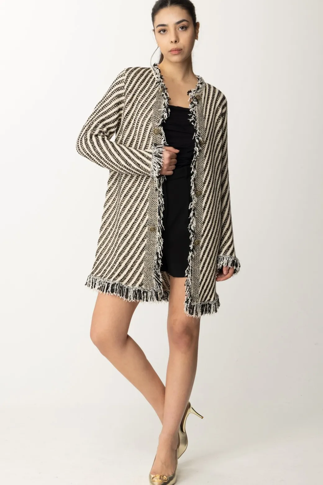 Twin-set Cappotto In Maglia a Righe con FrangeJACQUARD STRIPES NEVE/NERO/LUR