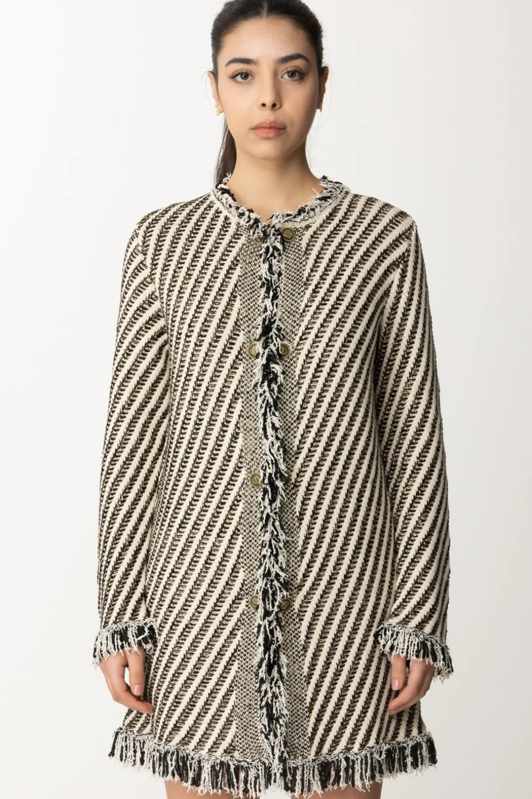 Twin-set Cappotto In Maglia a Righe con FrangeJACQUARD STRIPES NEVE/NERO/LUR