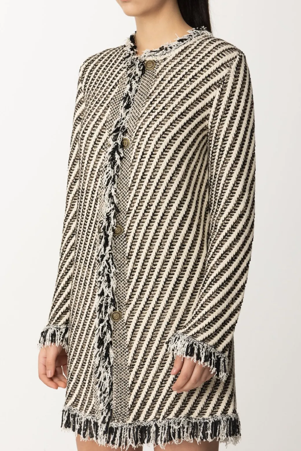 Twin-set Cappotto In Maglia a Righe con FrangeJACQUARD STRIPES NEVE/NERO/LUR