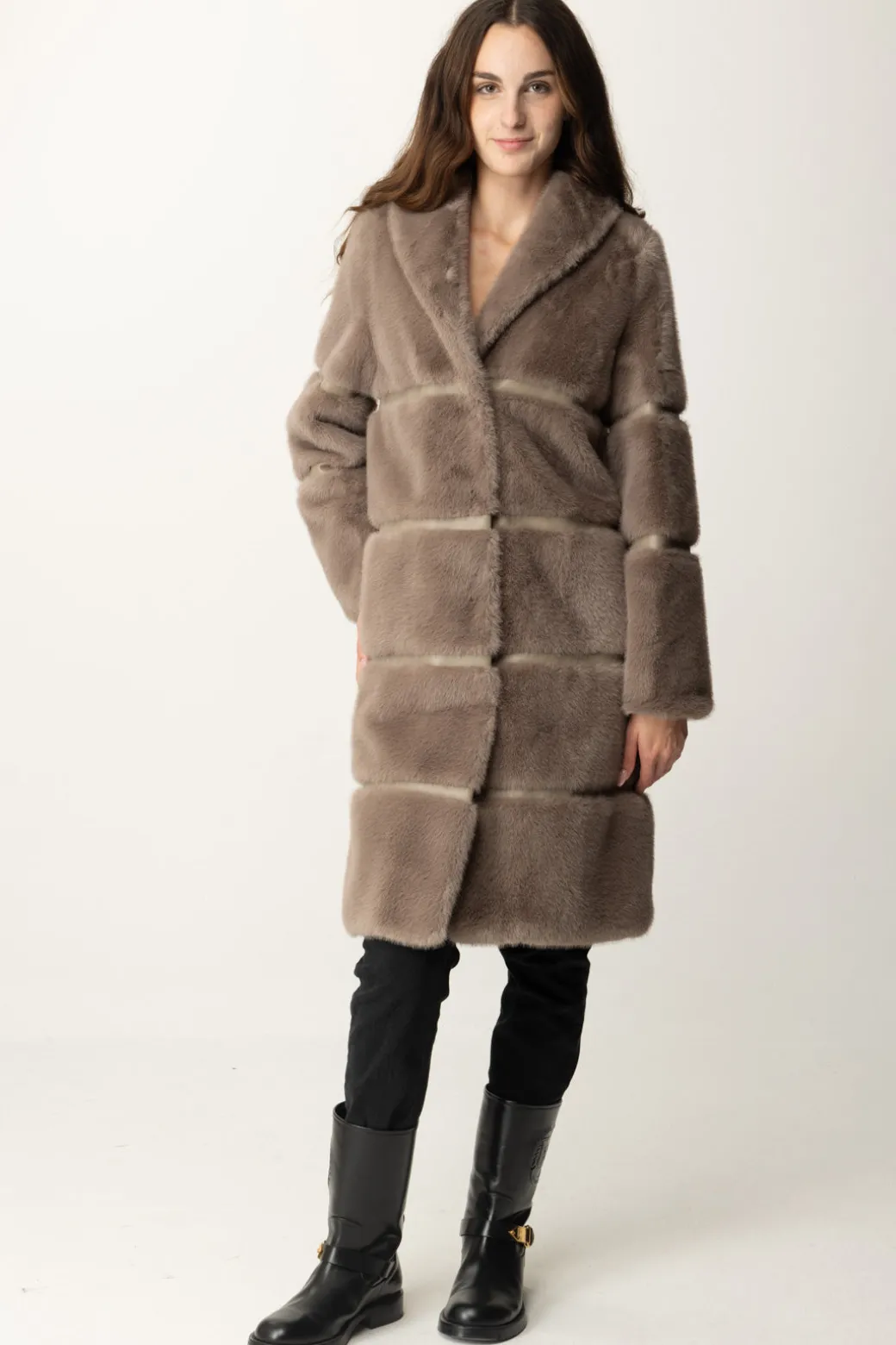 Twin-set Cappotto Lungo In Faux Fur con IntarsiDARK TAUPE