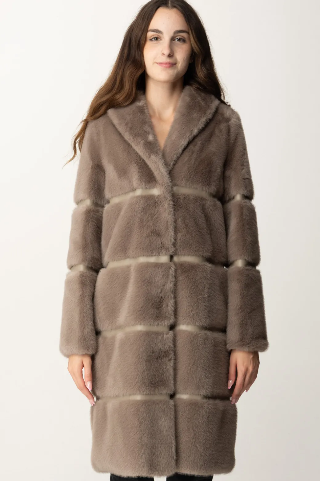 Twin-set Cappotto Lungo In Faux Fur con IntarsiDARK TAUPE