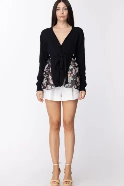 Twin-set Cardigan In Maglia con Inserti Stampati e FusciaccaBIC.NERO/ST.FIORE INDIANO NERO