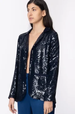 Twin-set Giacca Blazer con Full Paillettes con Chiusura Bottone Nascosto e StascheMID BLU