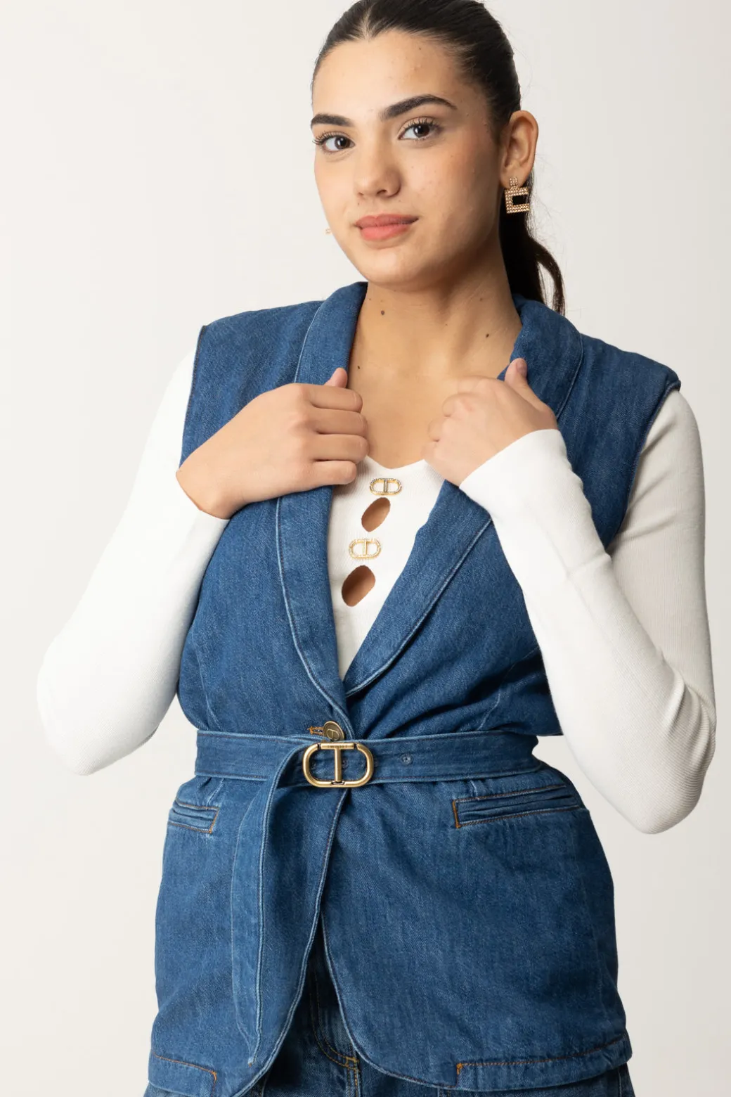 Twin-set Gilet In Denim con Cintura Oval TDENIM