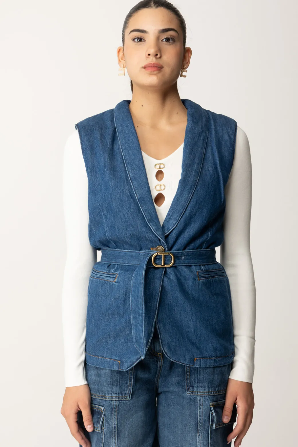 Twin-set Gilet In Denim con Cintura Oval TDENIM