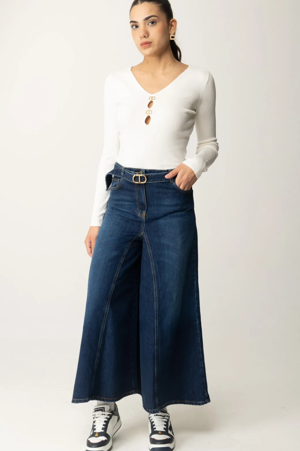 Twin-set Jeans Crop Svasati con CinturaDENIM SCURO