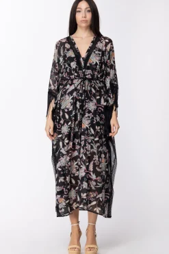 Twin-set Kaftano Stampato con Frange e SottovesteST.FIORE INDIANO NERO